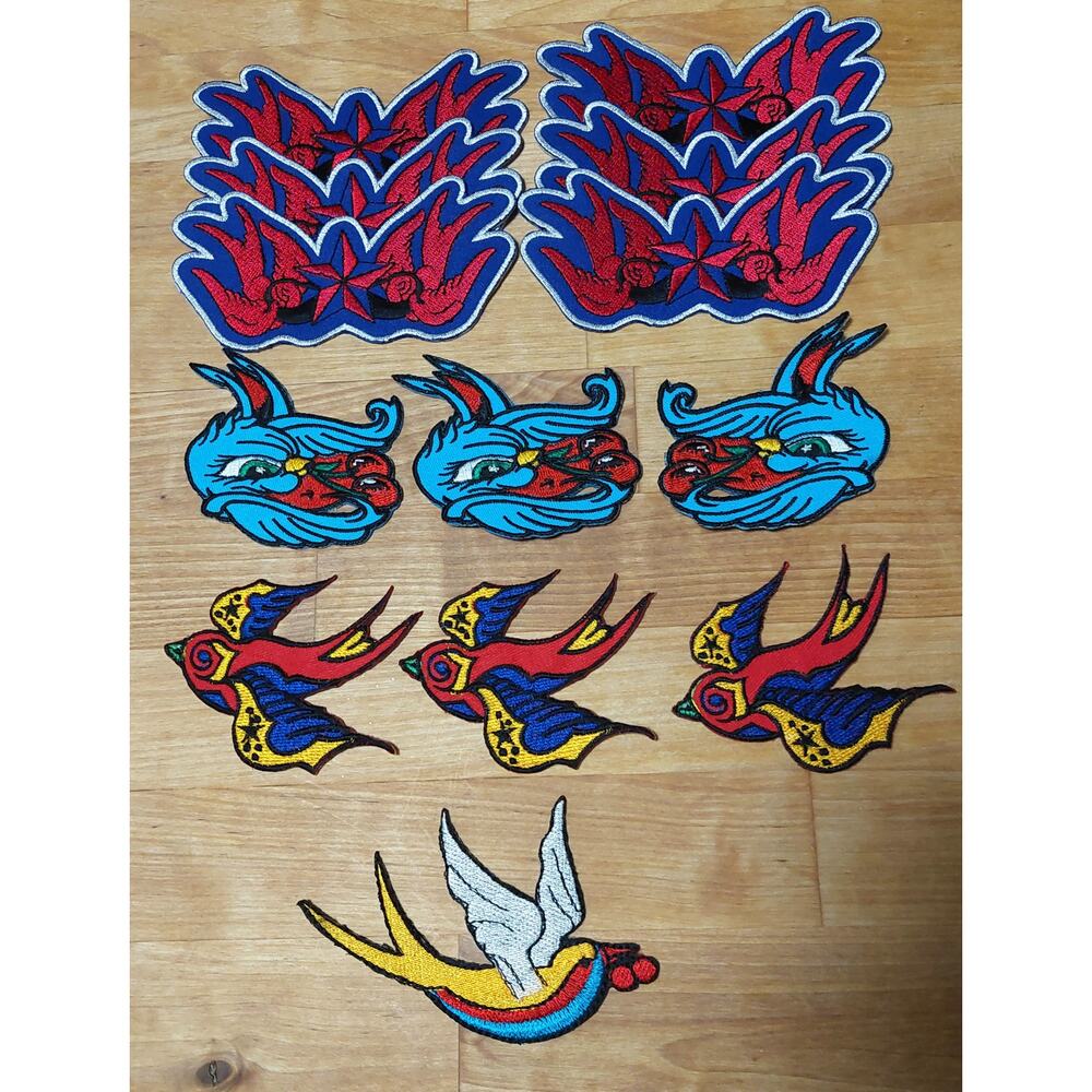 13 Iron On Sew On Patches Retro Tattoo Sparrow Bird Rockabilly Gothabilly Craft
